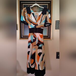 Abstract Print Midi Dress in Orange, Teal & Black - Women Dresses Midi